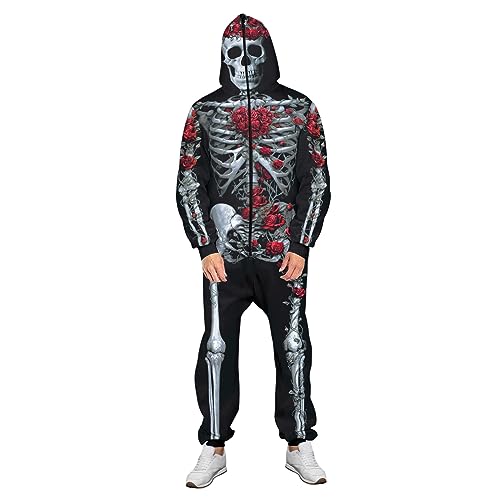 Edhomenn Damen Halloween Skelett Kostüme Totenkopf Druck Kapuze Langarm Overall Maskerade Party Cosplay Outfits Verkleidung (02 Rose, L) von Edhomenn