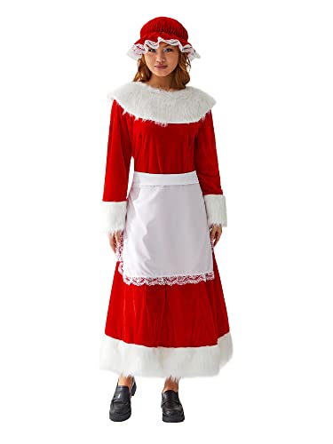 Edhomenn Damen Weihnachten Mrs. Claus Kostüme Langarm Santa Kleid mit Hut, Kragen und Schürze (Stil 1, M) von Edhomenn