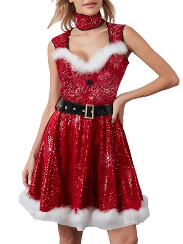 Edhomenn Frauen Weihnachten Frau Claus Kostüm Kleid Weihnachtsmann Anzug Cosplay Party Verkleidung (D-Rot, L) von Edhomenn