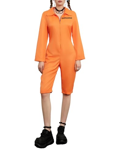 Edhomenn Halloween-Gefängnis-Kostüme für Damen und Herren, langärmelig, Gefängnis-Overall, Rollenspiel, Cosplay-Outfits (E-Damen, Orange, L) von Edhomenn