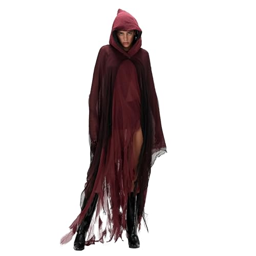 Edhomenn Halloween Hexenumhang für Erwachsene, Damen, Herren, mit Kapuze, zerrissener Sensenmann, Cosplay-Requisiten, Rot, Einheitsgröße von Edhomenn