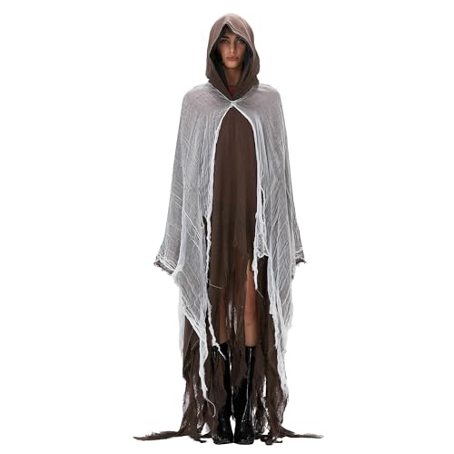 Edhomenn Halloween Hexenumhang für Erwachsene, Damen und Herren, mit Kapuze, zerrissener Sensenmann, Cosplay-Requisiten (Khaki, Einheitsgröße) von Edhomenn