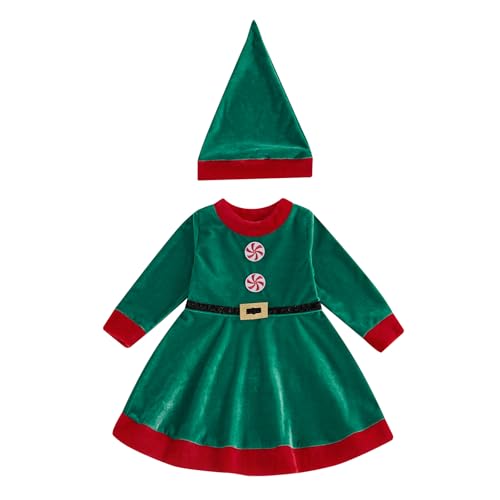 Edhomenn Kleinkind Mädchen Weihnachtskleider Baby Santa Outfits Pailletten Weiß Plüsch Trim Patchwork Tutu Kleid mit Hut Mädchen Frau Claus Xmas Kostüm (03 Grün, 2-3 Jahre) von Edhomenn