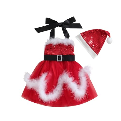 Edhomenn Kleinkind Mädchen Weihnachtskleider Baby Santa Outfits Pailletten Weiß Plüsch Trim Patchwork Tutu Kleid mit Hut Mädchen Frau Claus Xmas Kostüm (06 Rot, 2-3 Jahre) von Edhomenn