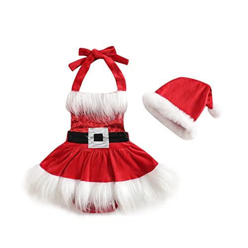 Edhomenn Kleinkind Mädchen Weihnachtskleider Baby Santa Outfits Pailletten Weiß Plüschbesatz Patchwork Tutu Kleid mit Hut Mädchen Mrs Claus Xmas Kostüm (01 Rot, 12-18 Monate) von Edhomenn