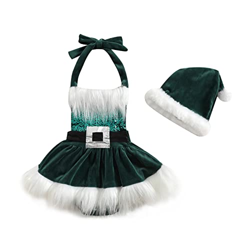 Edhomenn Kleinkind Mädchen Weihnachtskleider Baby Santa Outfits Pailletten Weiß Plüschbesatz Patchwork Tutu Kleid mit Hut Mädchen Mrs Claus Xmas Kostüm (02 Grün, 18-24 Monate) von Edhomenn