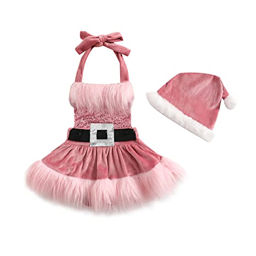 Edhomenn Kleinkind Mädchen Weihnachtskleider Baby Santa Outfits Pailletten Weiß Plüschbesatz Patchwork Tutu Kleid mit Hut Mädchen Mrs Claus Xmas Kostüm (02 Rosa, 12-18 Monate) von Edhomenn