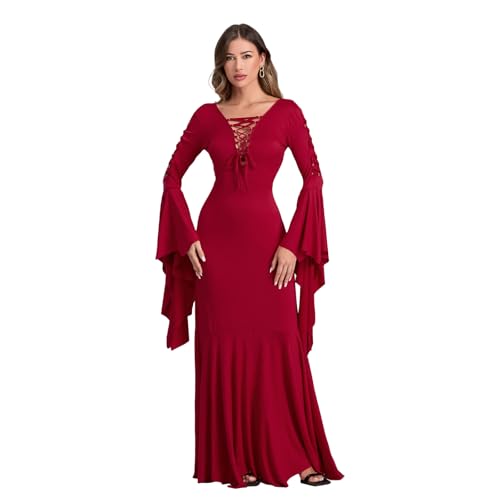 Edhomenn Langes Halloween-Kleid für Damen, Hexen-Outfit, einfarbig, langärmelig, Midi-Kleid, Halloween-Fledermaus-Kostüm (02, Rot, XXL) von Edhomenn