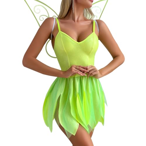 Edhomenn Niedliches Halloween-Outfit für Damen, Feen-Minikleid mit Schmetterlingsflügeln, Set, Motto-Party, Cosplay-Kostüm (02 Grün, L) von Edhomenn