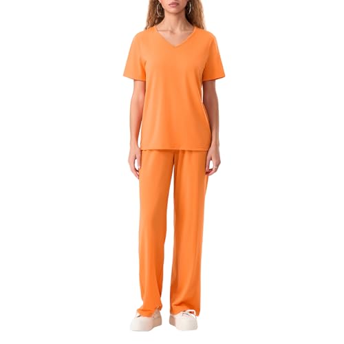 Edhomenn Orangefarbene Häftlingskostüme für Damen, Halloween-Outfits, Loungewear, kurzärmeliges Oberteil mit langer Hose, klassisches Gefängniskostüm (01 Orange, L) von Edhomenn