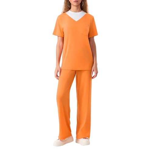 Edhomenn Orangefarbene Häftlingskostüme für Damen, Halloween-Outfits, Loungewear, kurzärmeliges Oberteil mit langer Hose, klassisches Gefängniskostüm (02 Orange, L) von Edhomenn