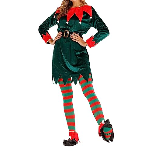 Edhomenn Weihnachtselfenkostüm für Damen, Samtkleid, Gürtel, Hut, Strümpfe, Schuhüberzieher (01 Grün, L) von Edhomenn