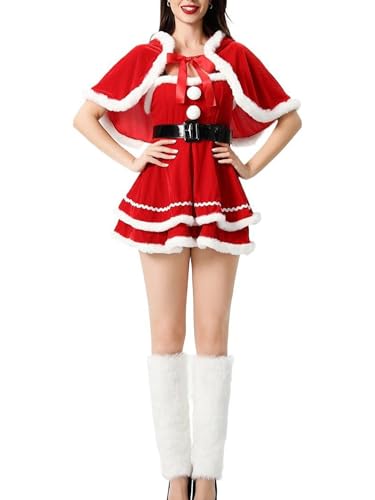 Edhomenn Weihnachtsmann-Kostüme für Damen, mit Kapuze, Schal, Schlauchkleid-Set, Urlaubsparty-Outfits (Rot, L) von Edhomenn