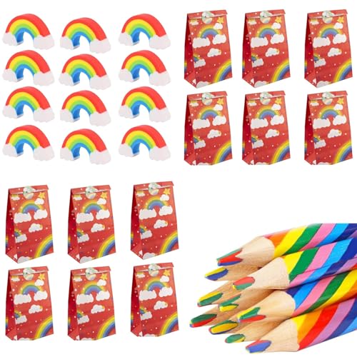 Editbar 36 Stück Regenbogenstift Set,12 Regenbogenstifte Kinder,12 Regenbogen Radiergummi Und 12 Regenbogen Mitgebsel-Geschenke Für Den Kindergeburtstag Im Schulbüro,Geeignet Zum Malen Und Skizzieren von Editbar