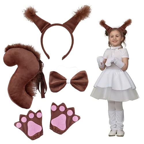 Editbar 4 Stück Tier Eichhörnchen Kostüm Set, Tierkostüm Kinder,Eichhörnchen Ohren Schwanz Set,Eichhörnchenohren Cosplay,Stirnbänder, Schwänze, Fliegen,Halloween Kostüm Kostüm Partyzubehör von Editbar