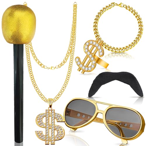 Edmirfun 70er 80er 90er Jahre Hip Hop Rapper Outfit Kostüme, 6er Disco Accessoires Kit Fake Goldkette Armband Dollarzeichen Ring Halskette Und Rap Mikrofon Bad Taste Für Cosplay Karneval Thema Party von Edmirfun