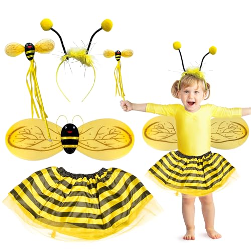 Edmirfun Bienenkostüm Kinder, 4 Stück Bienen Kostüme für Mädchen mit Bienen Flügel Haarreif Zauberstab Gestreifter Tüllrock, FaschingKostüm Cosplay Kostüm, Kinder Mädchen für Halloween Rollenspiele von Edmirfun