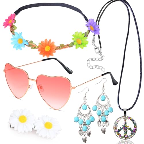 Edmirfun Hippie Kostüm Set,Hippie Accessoires,70er Jahre Outfit Damen,Sonnenbrille Friedenszeichen Halskette Blumen Stirnband böhmen Stil Ohrringe,Hippie Kleidung Damen,60 er 70er Jahre Bekleidung von Edmirfun