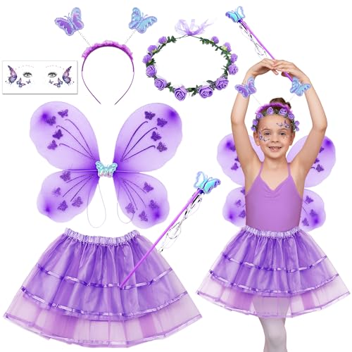 Edmirfun Schmetterling Kostüm Mädchen,Feenflügel Kinder,Schmetterlingsflügel Kinder,Tutu Rock,Zauberstab Kinder,Haarreifen und Tattoos,für Cosplay,Karneval,Mottoparty,Faschingskostüme Kinder Mädchen von Edmirfun