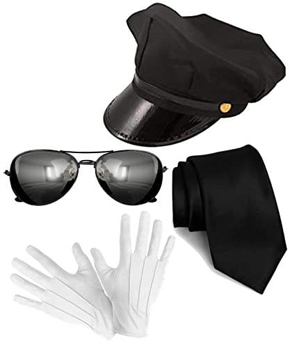 Edozos Chauffeur-Kostüm, Limousinenfahrer-Kostüm, schwarz, Chauffeur-Taxifahrerhut + Spiegelbrille + Handschuhe + schwarze Krawatte – Junggesellenabschied, Motto-Party, Buchwoche, Kostümzubehör-Set, von Edozos