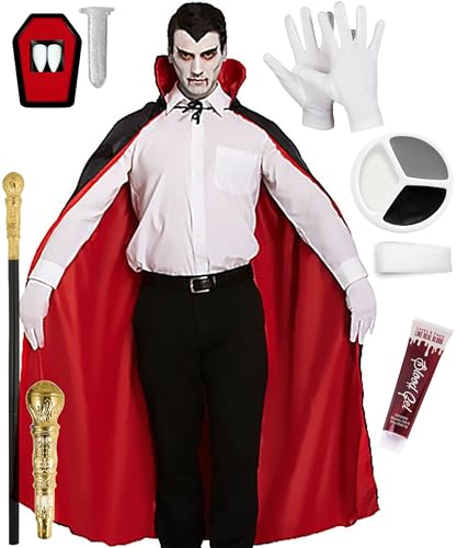 Edozos Erwachsene Herren Halloween Gothic Vampir Kostüm Mittelalter Gruselig Vampir Dracula Reversible Rot Umhang + Handschuhe + Stock + Make-up Kit von Edozos