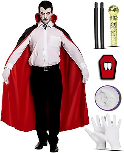 Edozos Erwachsene Herren Halloween Gothic Vampir Kostüm Mittelalter Gruselig Vampir Dracula Reversible Rot Umhang + Handschuhe + Stock + Make-up Kit von Edozos