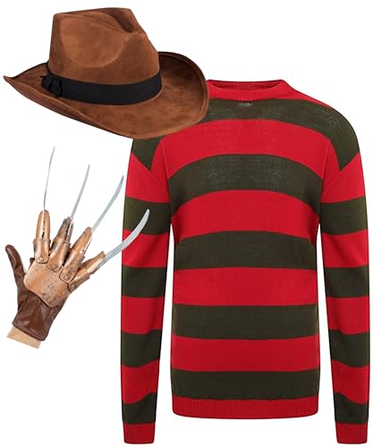 Edozos Freddy Krueger Halloween-Kostüm für Herren, Freddy Claw + Hut + Pullover, Nightmare On Elm Street Gruseliges Horrorfilm-Kostüm (M) von Edozos