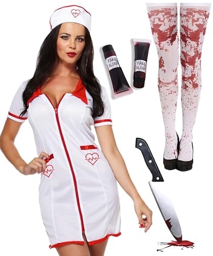 Edozos Halloween Blutige Krankenschwester Kostüm Set Damen - Krankenschwester Kleid + Kopfbedeckung + Blutiger Strumpf + Messer-Requisite + Kunstblut - Frauen Zombie Killer Krankenschwester Uniform von Edozos