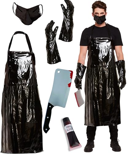 Edozos Halloween Blutiger Metzgerkoch Gruseliger Chirurg Kostüm Set - Schwarze Schürze + Handschuhe + Maske + Blutiges Hackbeil Prop + Kunstblut, Schreckliches Rollenspiel Zombie Horror Party von Edozos