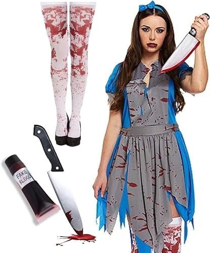 Edozos Halloween Horror Alice Halloween Kleid + Schürze + Stirnband + Blutiger Strumpf + Messer-Requisite + Kunstblutschlauch, Zombie Blutige Alice Halloween Märchen Verkleidung von Edozos