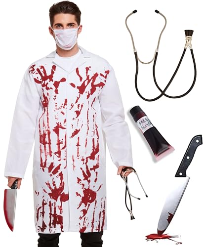 Edozos Halloween Killer Blutiger Arzt Kostüm Mantel mit Blutdetail + Maske + Stethoskop + Blutiges Messer + Kunstblut Gruseliges Zombie Arzt Chirurg Verkleidung Outfit von Edozos