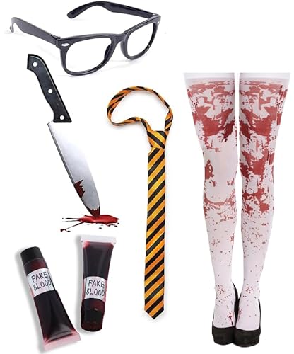 Edozos Halloween-Zombie-Schulmädchen-Uniform-Zubehör-Set für Damen, blutfleckiger Strümpfe, Krawatte, Brille, Messer und Kunstblut, Halloween-Event, Party, Verkleidung von Edozos