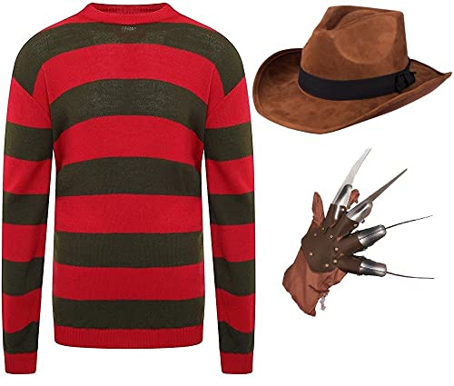 Edozos Herren Halloween Freddy Krueger Kostüm Hut + Handschuh Klaue + Rot/Grün Streifen Pullover ~ Nightmare on ELM Street Horror Cosplay Verkleidung Outfit, rot/grün, S von Edozos