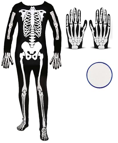 Edozos Herren Skelett Kostüm, Horror Skelett Bodysuit + Totenkopf Knochen Handschuhe + weiße Farbe, Halloween Death Reaper Scary Party Fancy Dress Outfit von Edozos