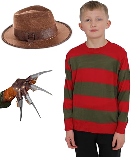 Edozos Junior Freddy Krueger Nightmare On Elm Street Kostüm mit rot-grünem Streifenpullover + braunem Hut + Krallenhandschuh für Little Freddy Gruseliges Halloween-Outfit (Größe S 7–8 Jahre) von Edozos