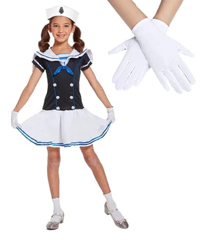 Edozos Kinder Matrosen Mädchen Verkleidung Kostüm Zubehör Set Matrosenmütze + Kleid + Weiße Handschuhe ~ Mädchen Uniform Schulspiel Buchwoche Mottoparty Cosplay Navy Marine Yacht Outfits (1012 von Edozos