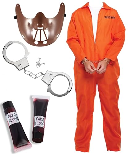 Edozos Oranger Gefangenen-Overall für Erwachsene, Handschellen, Hannibal-Maske und 2 künstliche Blutröhrchen für Halloween, Zombie, Gefangene, Sträfling, Gefängnis, Kostüm von Edozos