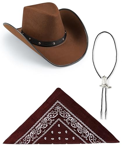 Edozos Texanischer Cowboyhut für Erwachsene, Paisley-Bandana + Stiefelspitze-Krawatte – Wilder Western-Sheriff, Country, Western-Rancher, Kostümparty, Kopfbedeckung, Accessoire (brauner Hut + braunes von Edozos