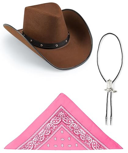 Edozos Texanischer Cowboyhut für Erwachsene, Paisley-Bandana + Stiefelspitze-Krawatte – Wilder Western-Sheriff, Country, Western-Rancher, Kostümparty, Kopfbedeckung, Accessoire (brauner Hut + rosa von Edozos