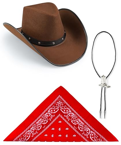 Edozos Texanischer Cowboyhut für Erwachsene, Paisley-Bandana + Stiefelspitze-Krawatte – Wilder Western-Sheriff, Country, Western-Rancher, Kostümparty, Kopfbedeckung, Accessoire (brauner Hut + rotes von Edozos