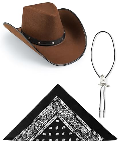 Edozos Texanischer Cowboyhut für Erwachsene, Paisley-Bandana + Stiefelspitze-Krawatte – Wilder Western-Sheriff, Country, Western-Rancher, Kostümparty, Kopfbedeckung, Accessoire (brauner Hut + von Edozos