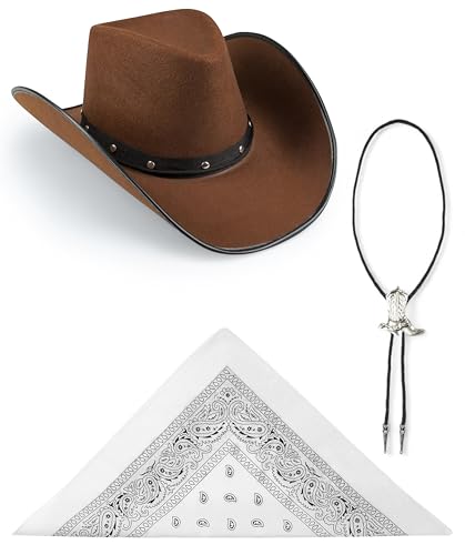 Edozos Texanischer Cowboyhut für Erwachsene, Paisley-Bandana + Stiefelspitze-Krawatte – Wilder Western-Sheriff, Country, Western-Rancher, Kostümparty, Kopfbedeckung, Accessoire (brauner Hut + weißes von Edozos