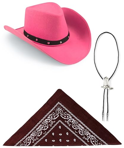 Edozos Texanischer Cowboyhut für Erwachsene, Paisley-Bandana + Stiefelspitze-Krawatte – Wilder Western-Sheriff, Country, Western-Rancher, Kostümparty, Kopfbedeckung, Accessoire (rosa Hut + braunes von Edozos