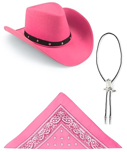 Edozos Texanischer Cowboyhut für Erwachsene, Paisley-Bandana + Stiefelspitze-Krawatte – Wilder Western-Sheriff, Country, Western-Rancher, Kostümparty, Kopfbedeckung, Accessoire (rosa Hut + rosa von Edozos