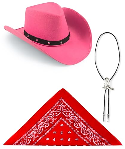 Edozos Texanischer Cowboyhut für Erwachsene, Paisley-Bandana + Stiefelspitze-Krawatte – Wilder Western-Sheriff, Country, Western-Rancher, Kostümparty, Kopfbedeckung, Accessoire (rosa Hut + rotes von Edozos