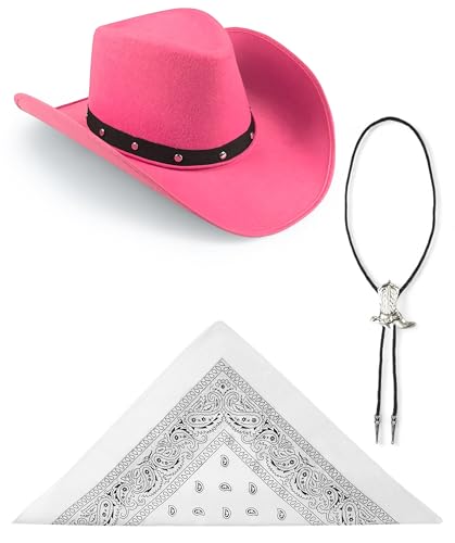 Edozos Texanischer Cowboyhut für Erwachsene, Paisley-Bandana + Stiefelspitze-Krawatte – Wilder Western-Sheriff, Country, Western-Rancher, Kostümparty, Kopfbedeckung, Accessoire (rosa Hut + weißes von Edozos