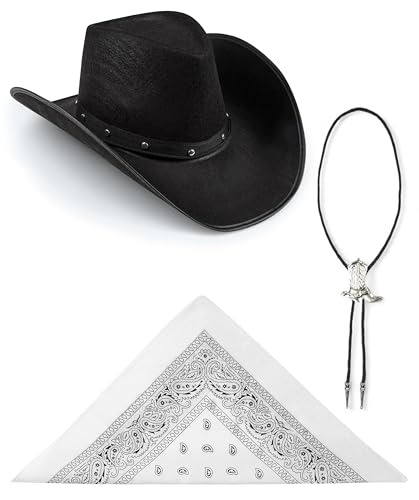 Edozos Texanischer Cowboyhut für Erwachsene, Paisley-Bandana + Stiefelspitze-Krawatte – Wilder Western-Sheriff, Country, Western-Rancher, Kostümparty, Kopfbedeckung, Accessoire (schwarzer Hut + weißes von Edozos