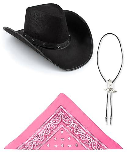 Edozos Texanischer Cowboyhut für Erwachsene, Paisley-Bandana + Stiefelspitze-Krawatte – Wilder Western-Sheriff, Country, Western-Rancher, Kostümparty, Kopfbedeckung, Accessoire (schwarzer Hut + rosa von Edozos