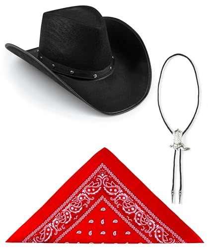 Edozos Texanischer Cowboyhut für Erwachsene, Paisley-Bandana + Stiefelspitze-Krawatte – Wilder Western-Sheriff, Country, Western-Rancher, Kostümparty, Kopfbedeckung, Accessoire (schwarzer Hut + rotes von Edozos