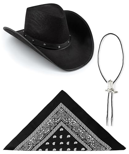 Edozos Texanischer Cowboyhut für Erwachsene, Paisley-Bandana + Stiefelspitze-Krawatte – Wilder Western-Sheriff, Country, Western-Rancher, Kostümparty, Kopfbedeckung, Accessoire (schwarzer Hut + von Edozos